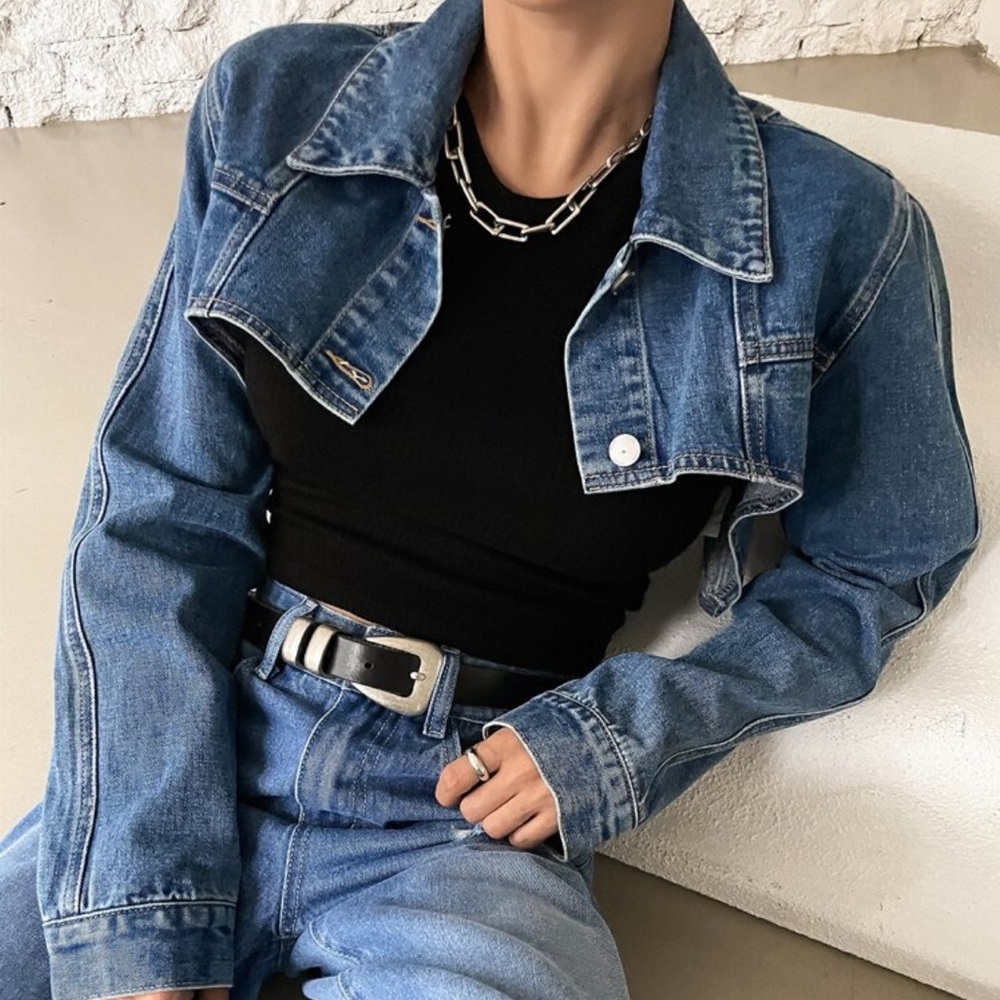 Single Button Crop Denim Jacket - Picture 1 of 8